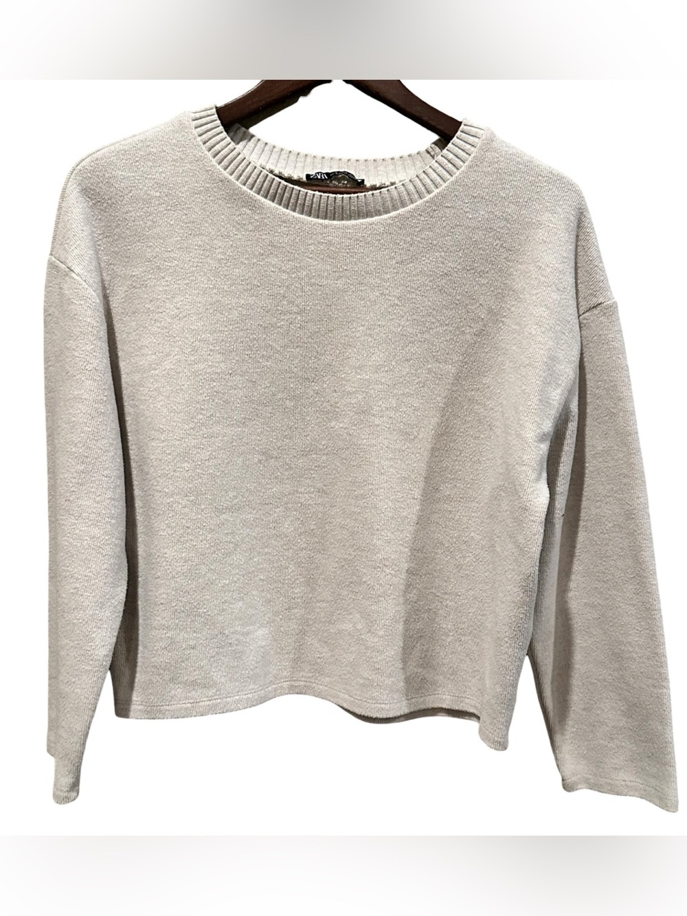 Zara Women's Beige Knit Ribbed Collar Crew Neck Long Sleeve Pullover Sweater S